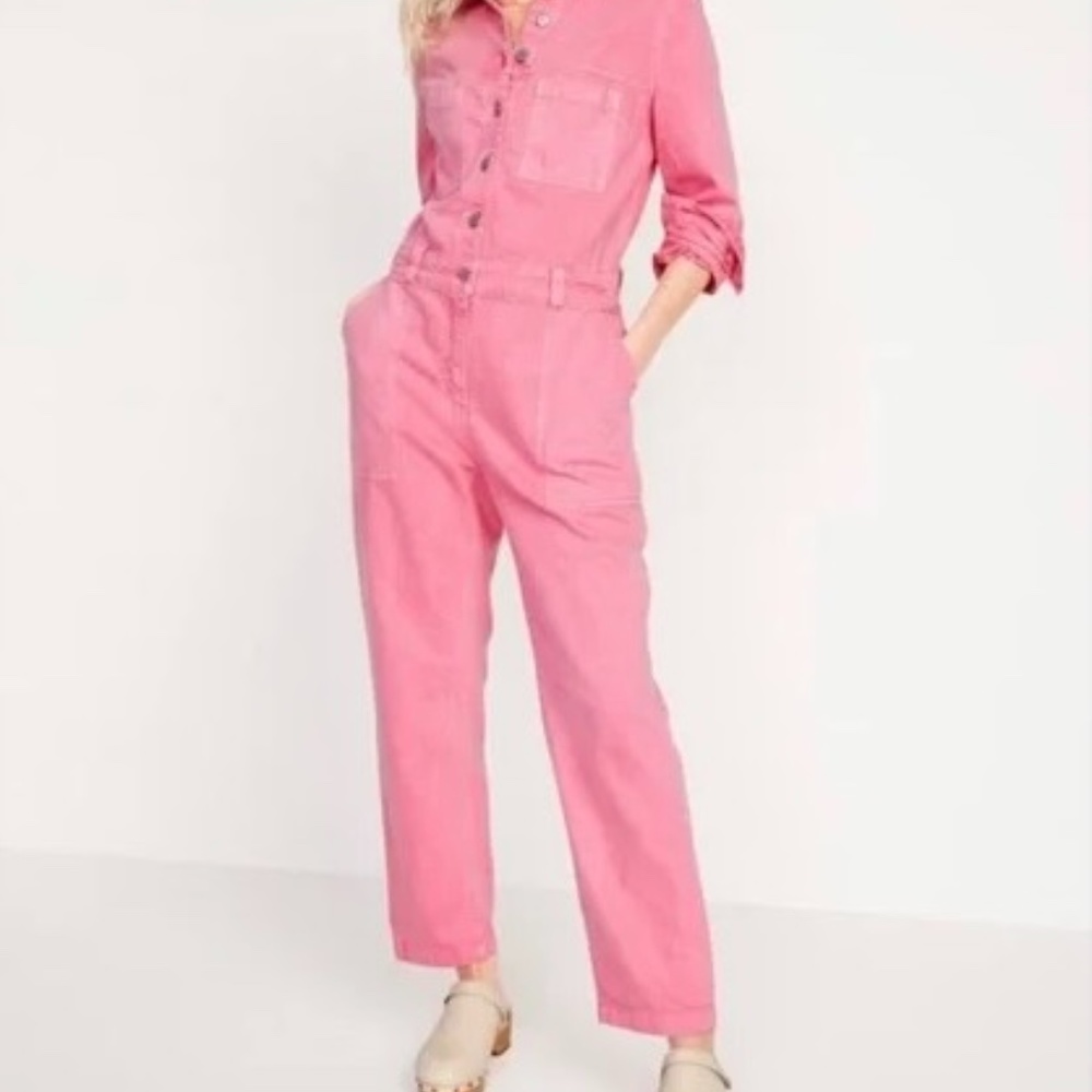 Old Navy Pink Denim Utility Jumpsuit Large